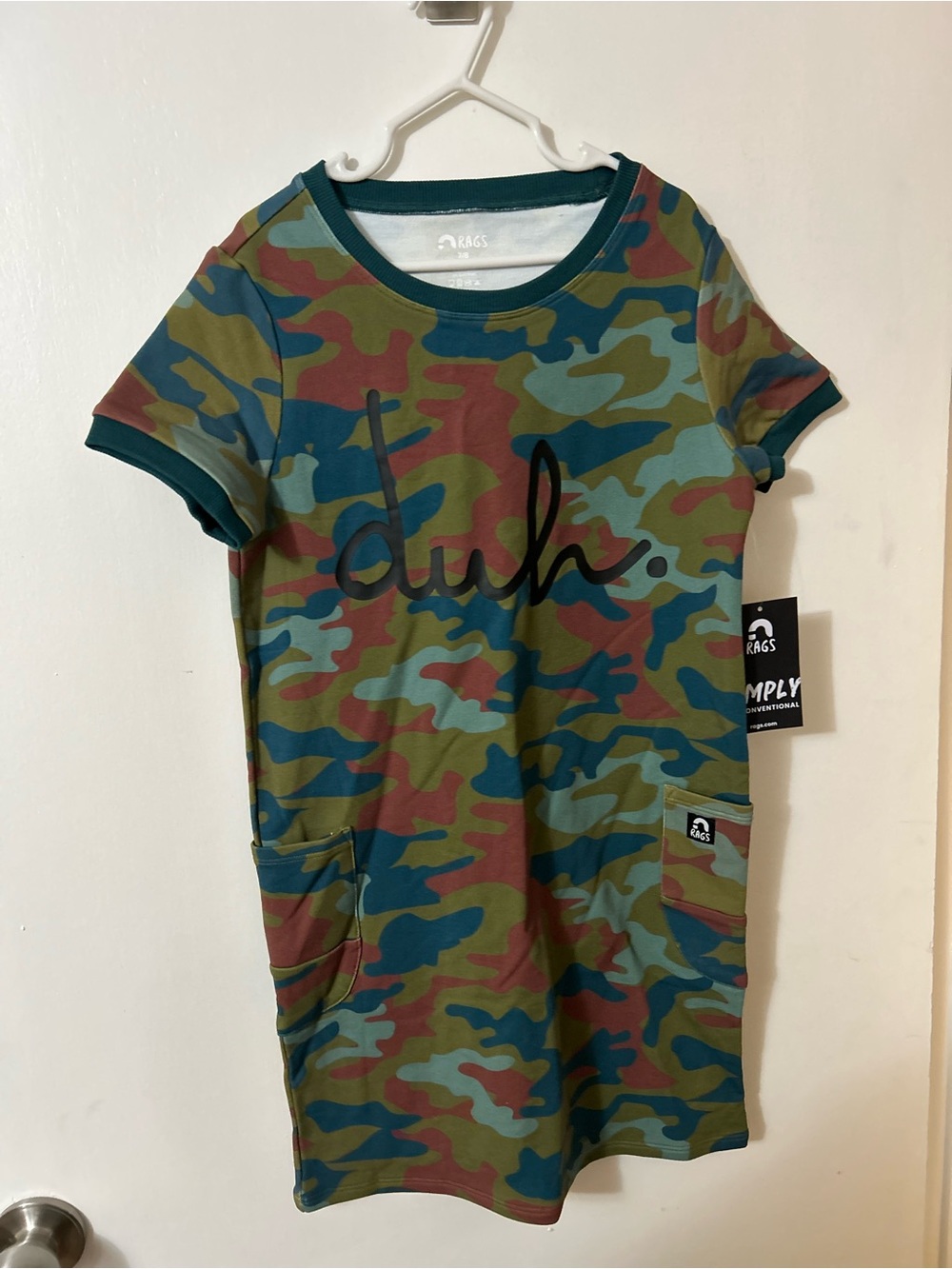 Rags to Raches Camo Pocket Tee Dress - Green Blue Brown